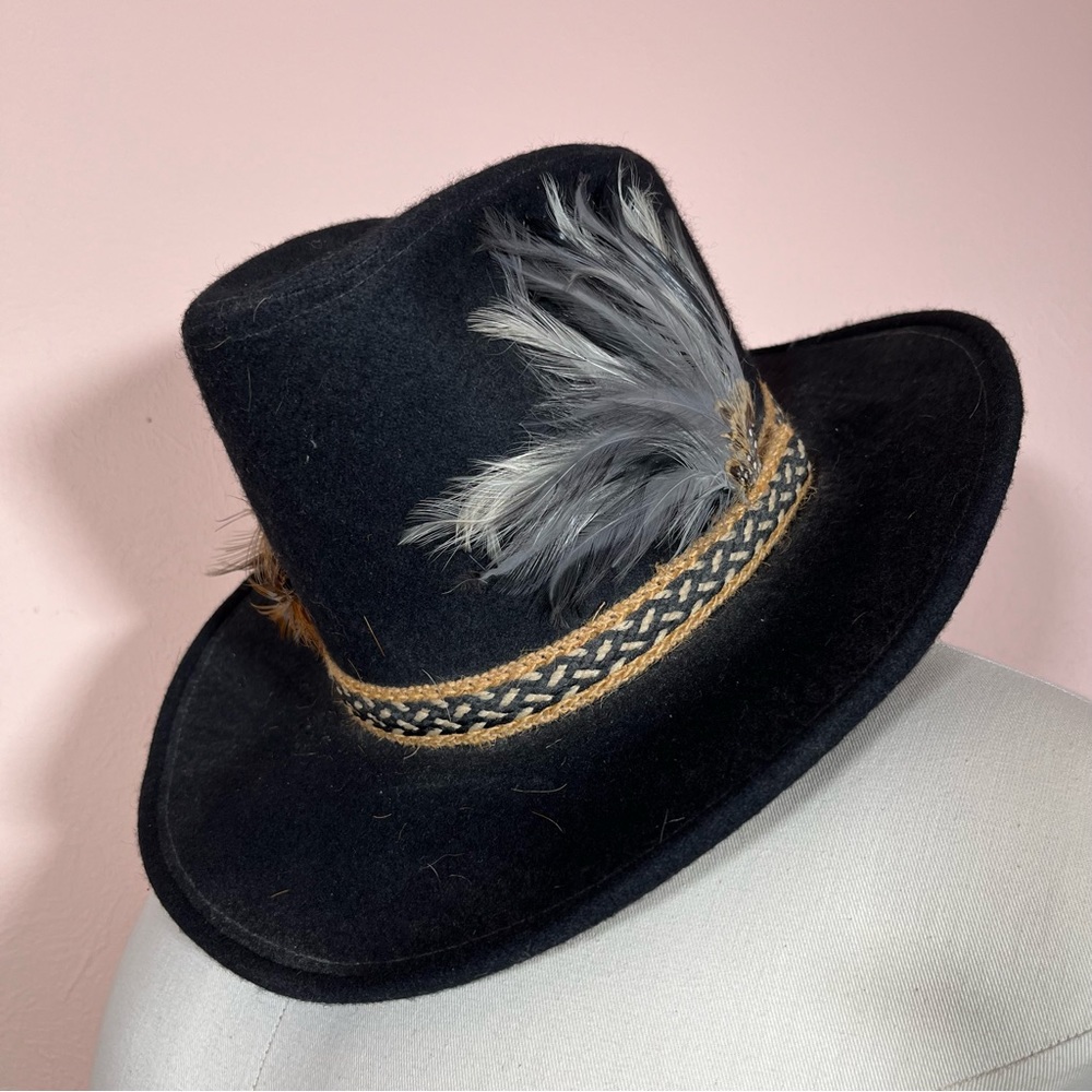 Vintage Black Felt Double Feather Western Cowboy Hat eclectic grandpa festival - Picture 12 of 17